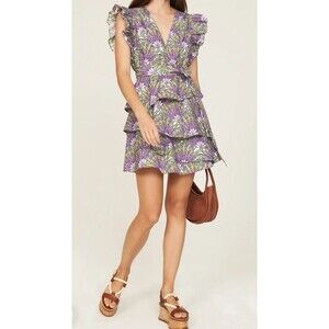 Marie Oliver Fiona Dress Sze XXS Purple Green Floral Cotton Vneck Ruffle Sleeve